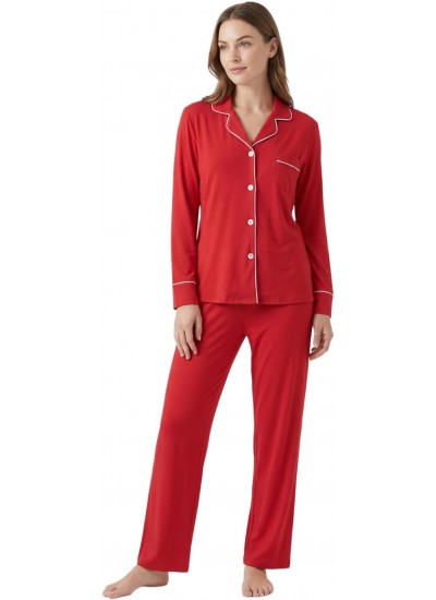 Soft Cotton Women's Pajama Set - Long Sleeve Button Down Shirt & Full Length Pants with Pockets