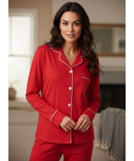 Soft Cotton Women's Pajama Set - Long Sleeve Button Down Shirt & Full Length Pants with Pockets