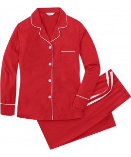 Soft Cotton Women's Pajama Set - Long Sleeve Button Down Shirt & Full Length Pants with Pockets