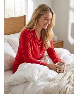 Soft Cotton Women's Pajama Set - Long Sleeve Button Down Shirt & Full Length Pants with Pockets