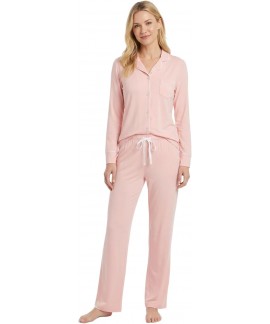 Soft Cotton Women's Pajama Set - Long Sleeve Button Down Shirt & Full Length Pants with Pockets