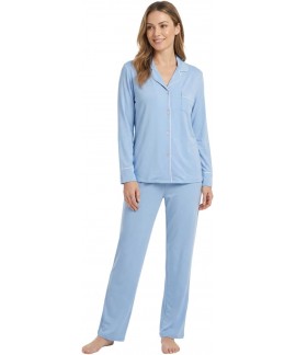 Soft Cotton Women's Pajama Set - Long Sleeve Button Down Shirt & Full Length Pants with Pockets