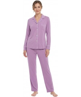 Soft Cotton Women's Pajama Set - Long Sleeve Button Down Shirt & Full Length Pants with Pockets