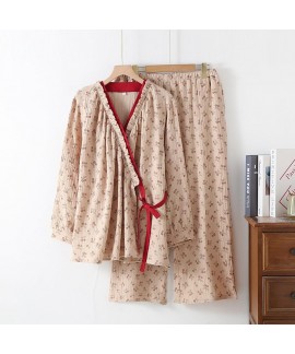 Double-Layer Cotton Gauze Japanese Kimono Pajama Set - Women's Soft Loungewear with Floral Print