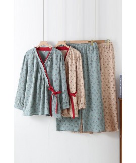 Double-Layer Cotton Gauze Japanese Kimono Pajama Set - Women's Soft Loungewear with Floral Print
