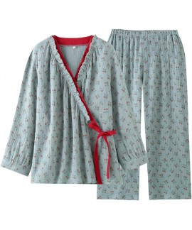 Double-Layer Cotton Gauze Japanese Kimono Pajama Set - Women's Soft Loungewear with Floral Print