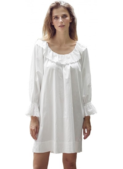 100% Cotton Women's Nightgown with Ruffled Sleeves and Lace Trim - Vintage Victorian Peasant Style