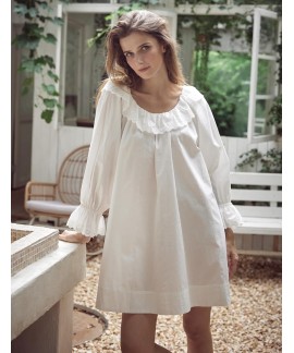 100% Cotton Women's Nightgown with Ruffled Sleeves and Lace Trim - Vintage Victorian Peasant Style