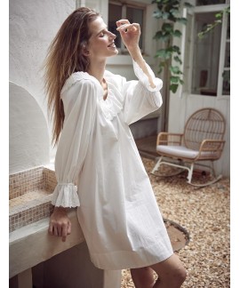 100% Cotton Women's Nightgown with Ruffled Sleeves and Lace Trim - Vintage Victorian Peasant Style