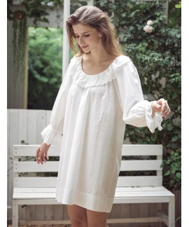 100% Cotton Women's Nightgown with Ruffled Sleeves and Lace Trim - Vintage Victorian Peasant Style