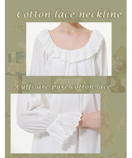 100% Cotton Women's Nightgown with Ruffled Sleeves and Lace Trim - Vintage Victorian Peasant Style