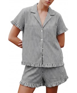 Women's Cotton Striped Pajama Set 2 Piece Short Sl...