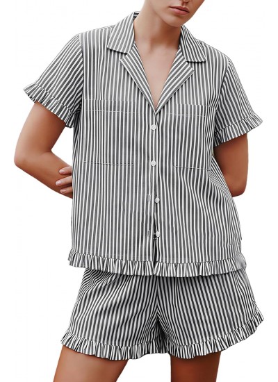 Women's Cotton Striped Pajama Set 2 Piece Short Sleeve Button Down Shirts and Shorts Sleepwear Ruffle Lounge Set