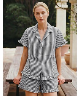 Women's Cotton Striped Pajama Set 2 Piece Short Sleeve Button Down Shirts and Shorts Sleepwear Ruffle Lounge Set