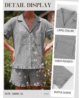 Women's Cotton Striped Pajama Set 2 Piece Short Sleeve Button Down Shirts and Shorts Sleepwear Ruffle Lounge Set