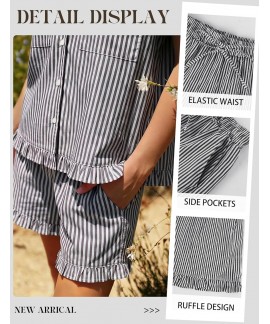 Women's Cotton Striped Pajama Set 2 Piece Short Sleeve Button Down Shirts and Shorts Sleepwear Ruffle Lounge Set