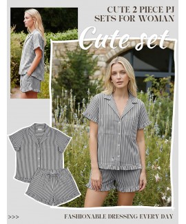 Women's Cotton Striped Pajama Set 2 Piece Short Sleeve Button Down Shirts and Shorts Sleepwear Ruffle Lounge Set