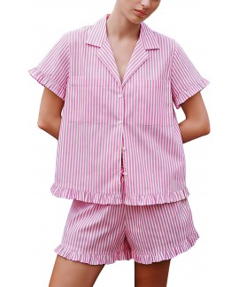 Women's Cotton Striped Pajama Set 2 Piece Short Sleeve Button Down Shirts and Shorts Sleepwear Ruffle Lounge Set