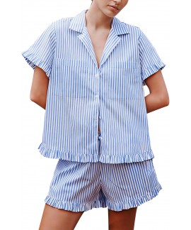 Women's Cotton Striped Pajama Set 2 Piece Short Sleeve Button Down Shirts and Shorts Sleepwear Ruffle Lounge Set