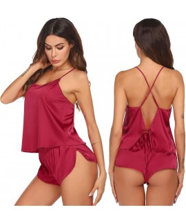 Satin Silk Pajamas Set for Women – Backless Cami Top & Shorts Sleepwear