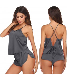 Satin Silk Pajamas Set for Women – Backless Cami Top & Shorts Sleepwear