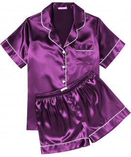 Satin Pajama Set for Women - Soft Short Sleeve But...