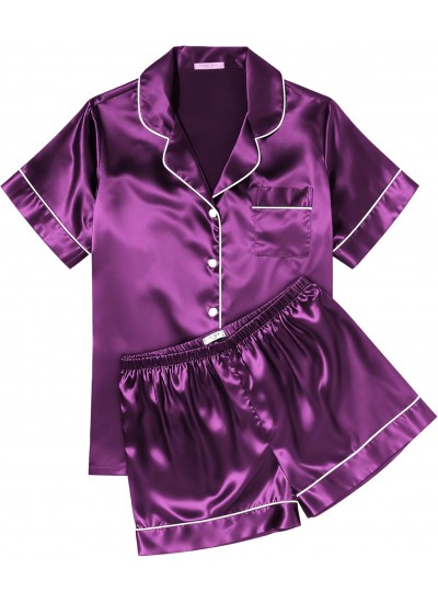 Satin Pajama Set for Women - Soft Short Sleeve Button Down Sleepwear with Shorts 2 Piece Lounge Set