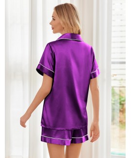 Satin Pajama Set for Women - Soft Short Sleeve Button Down Sleepwear with Shorts 2 Piece Lounge Set