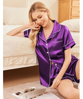 Satin Pajama Set for Women - Soft Short Sleeve Button Down Sleepwear with Shorts 2 Piece Lounge Set