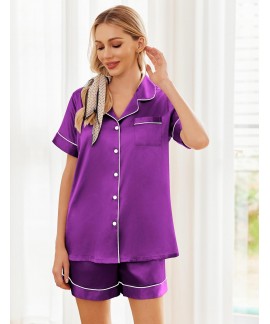 Satin Pajama Set for Women - Soft Short Sleeve Button Down Sleepwear with Shorts 2 Piece Lounge Set