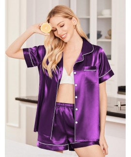 Satin Pajama Set for Women - Soft Short Sleeve Button Down Sleepwear with Shorts 2 Piece Lounge Set