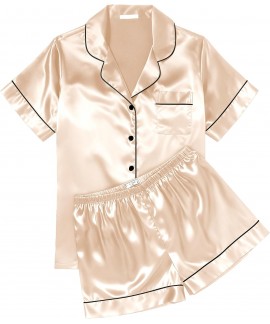 Satin Pajama Set for Women - Soft Short Sleeve Button Down Sleepwear with Shorts 2 Piece Lounge Set