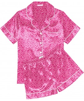 Satin Pajama Set for Women - Soft Short Sleeve Button Down Sleepwear with Shorts 2 Piece Lounge Set