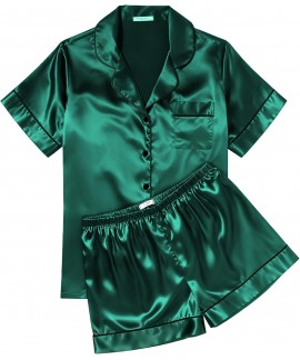 Satin Pajama Set for Women - Soft Short Sleeve Button Down Sleepwear with Shorts 2 Piece Lounge Set
