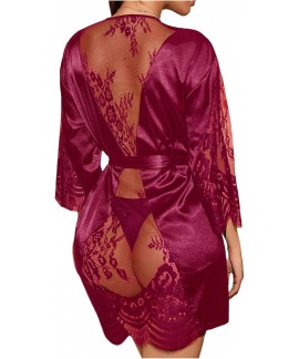 Lace Sheer Satin Robe Silk Kimono for Women - Sexy...