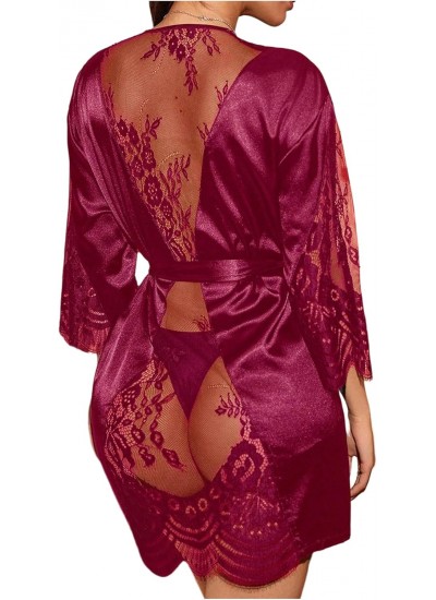 Lace Sheer Satin Robe Silk Kimono for Women - Sexy Bridesmaid Robes with Belted Sleepwear
