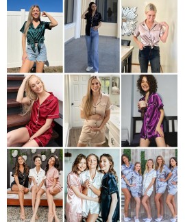 Satin Pajamas for Women Short Sleeve Button Down Sleepwear Set - Ultra Soft 2 Piece Pjs with Shorts