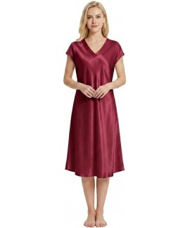 100% Mulberry Silk Nightgown for Women – 19 Momme V-Neck Knee Length Sleepwear
