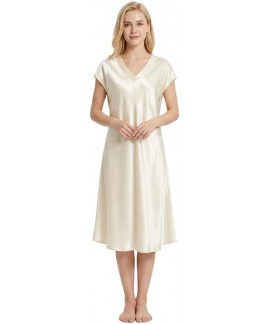 100% Mulberry Silk Nightgown for Women – 19 Momme V-Neck Knee Length Sleepwear