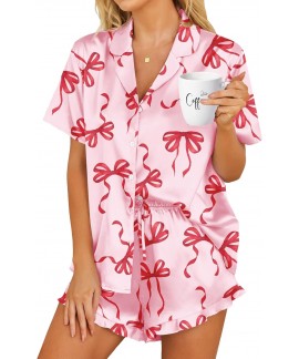 Satin Pajama Set for Women - 2 Piece Button Down S...