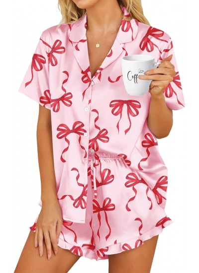 Satin Pajama Set for Women - 2 Piece Button Down Shorts Set with Ruffle Hem, Notch Collar Sleepwear