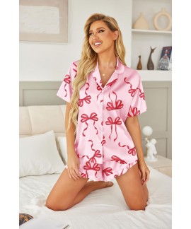 Satin Pajama Set for Women - 2 Piece Button Down Shorts Set with Ruffle Hem, Notch Collar Sleepwear