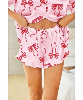 Satin Pajama Set for Women - 2 Piece Button Down Shorts Set with Ruffle Hem, Notch Collar Sleepwear