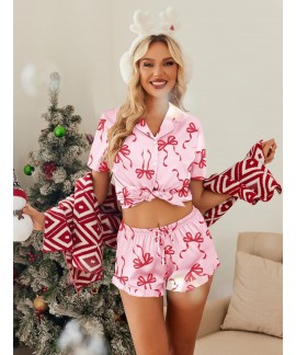 Satin Pajama Set for Women - 2 Piece Button Down Shorts Set with Ruffle Hem, Notch Collar Sleepwear