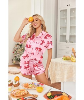Satin Pajama Set for Women - 2 Piece Button Down Shorts Set with Ruffle Hem, Notch Collar Sleepwear