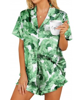 Satin Pajama Set for Women - 2 Piece Button Down Shorts Set with Ruffle Hem, Notch Collar Sleepwear