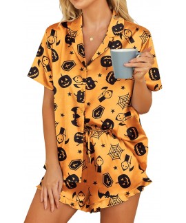 Satin Pajama Set for Women - 2 Piece Button Down Shorts Set with Ruffle Hem, Notch Collar Sleepwear