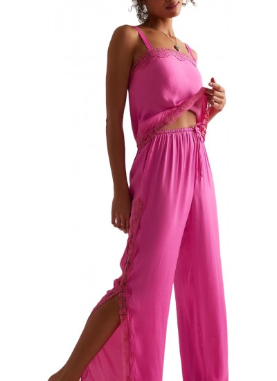 Women's Satin Pajama Set Lace Cami Top and Pants Lounge Set 2 Piece Silky Sleepwear