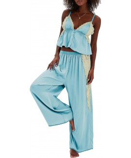Women's Satin Pajama Set Lace Cami Top and Pants Lounge Set 2 Piece Silky Sleepwear