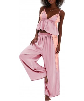 Women's Satin Pajama Set Lace Cami Top and Pants Lounge Set 2 Piece Silky Sleepwear